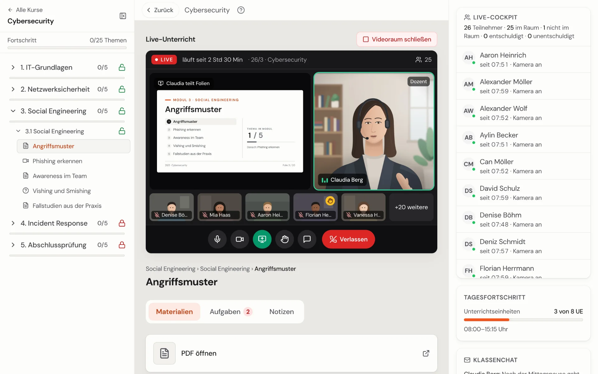 Kursraum in AZAV TrägerOS: Live-Unterricht im Videoraum mit geteilter Folie, links der Kursbaum, rechts das Live-Cockpit mit Teilnehmern und Kamera