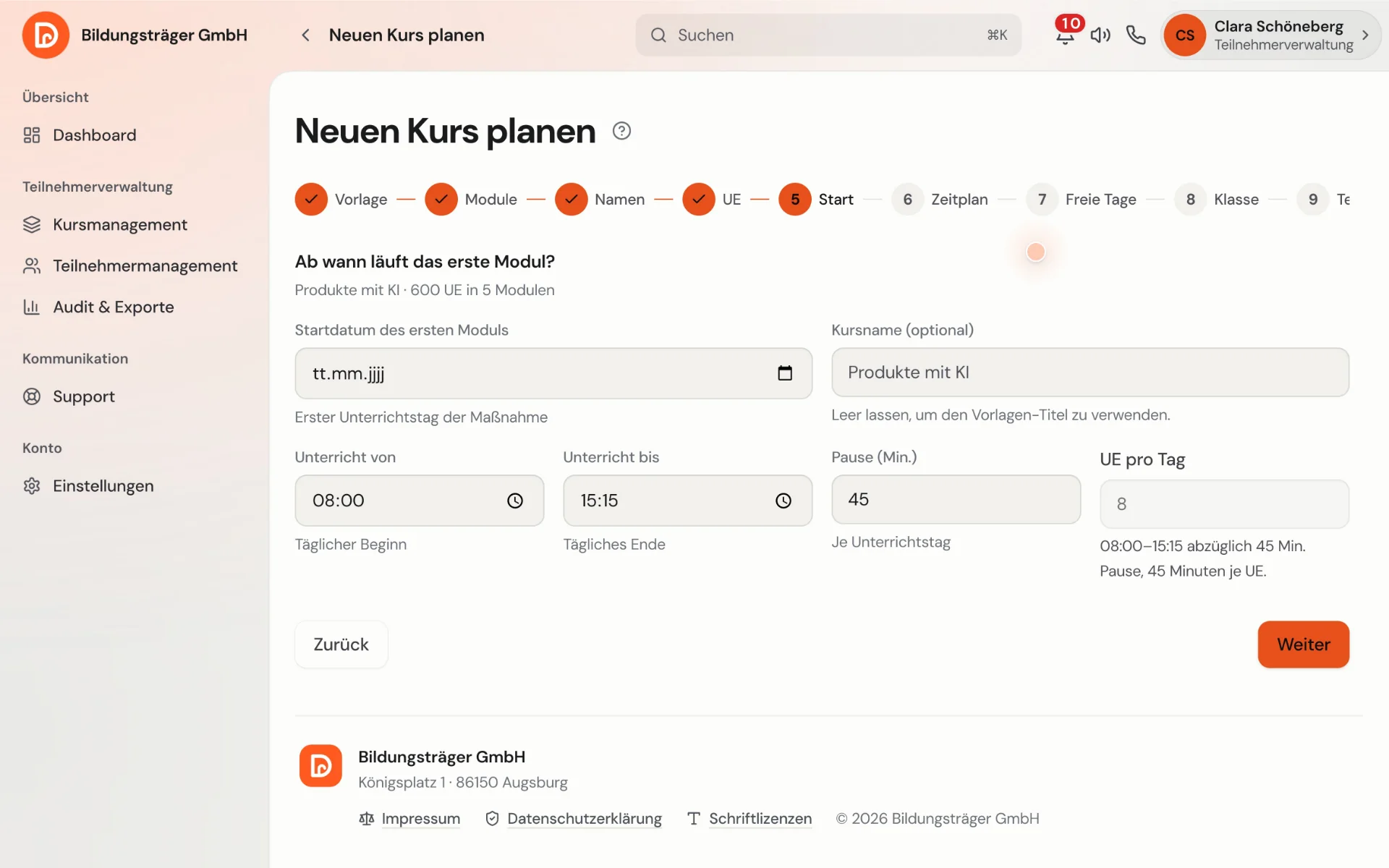 Kursplanung in AZAV TrägerOS: der Assistent „Neuen Kurs planen“ mit Startdatum, Unterrichtszeiten, Pause und UE pro Tag