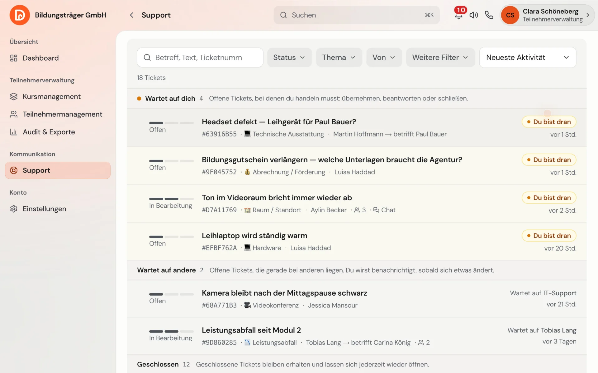 Ticketsystem in AZAV TrägerOS: die Support-Übersicht mit den Tickets, die auf dich warten, und denen, die auf andere warten